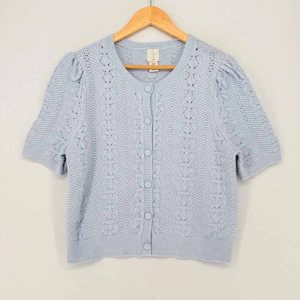 Joie Cardigan Sweater Womens Medium Blue Short Sleeve Pointelle Cottagecore Soft